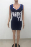 Deep Blue Casual Sportswear Letter Print Patchwork V Neck Vest Dress