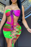 Purple Sexy Print Hollowed Out Strapless Sleeveless Two Pieces