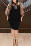 Black Sexy Leopard Split Joint See-through Ribbon Collar Wrapped Skirt Plus Size Dresses
