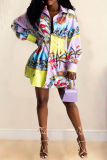 Colour Casual Print Patchwork Turndown Collar Shirt Dress Dresses