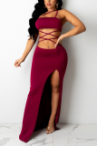 Red Sexy Solid Patchwork Spaghetti Strap Sleeveless Two Pieces
