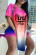 Purple Fashion Casual Gradual Change Letter Print Slit V Neck Short Sleeve Two Pieces