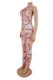 Pink Fashion Sexy Print Backless Halter Skinny Jumpsuits