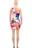 Pink Sexy Print Hollowed Out Pencil Skirt Dresses