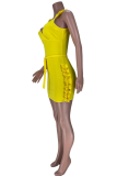 Yellow Sexy Solid Flounce V Neck Pencil Skirt Dresses