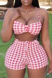 Red Fashion Sexy Plaid Print Backless Spaghetti Strap Sleeveless Two Pieces