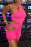 Pink Sexy Solid Hollowed Out Patchwork Halter Skinny Rompers