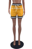 Yellow Fashion Casual Letter Print Patchwork Regular Mid Waist Shorts