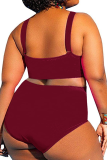 Burgundy Sexy Solid Hollowed Out U Neck Plus Size Swimwear