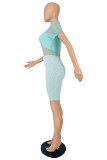 Light Blue Fashion Sexy Solid Hollowed Out See-through O Neck Short Sleeve Two Pieces