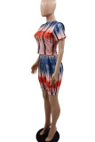 Multicolor Casual Print Patchwork O Neck Short Sleeve Two Pieces