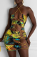 Yellow Sexy Print Hollowed Out Halter Pencil Skirt Dresses