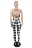 Black And White Fashion Sexy Plaid Print Backless Strap Design Spaghetti Strap Skinny Jumpsuits