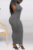 Grey Fashion Casual Solid Basic Half A Turtleneck Long Sleeve Dresses