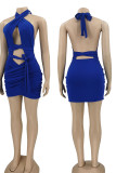 Royal Blue Sexy Solid Hollowed Out Patchwork Frenulum Backless Asymmetrical Halter Pencil Skirt Dresses