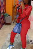 Red Casual Solid Patchwork With Belt Zipper Turndown Collar Straight Jumpsuits