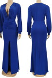 Royal Blue Elegant Solid Patchwork Slit Fold V Neck Evening Dress Dresses