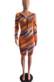 Multicolor Elegant Print Patchwork Zipper Collar Pencil Skirt Dresses