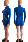 Blue Casual Print Split Joint Zipper Collar Pencil Skirt Dresses