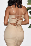 Khaki Sexy Solid Hollowed Out Spaghetti Strap Pencil Skirt Dresses