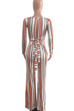 Stripe Simplicity Striped Print Bandage Patchwork Backless O Neck Long Sleeve Two Pieces