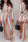 Stripe Simplicity Striped Print Bandage Patchwork Backless O Neck Long Sleeve Two Pieces