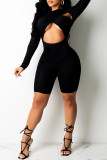 Black Fashion Sexy Solid Hollowed Out O Neck Skinny Romper