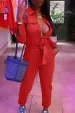 Rose Red Casual Solid Patchwork With Belt Zipper Turndown Collar Straight Jumpsuits