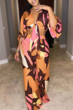 Coffee Casual Print Bandage Patchwork V Neck Long Sleeve Two Pieces
