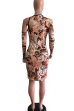 Multicolor Sexy Print Hollowed Out Split Joint Asymmetrical O Neck Pencil Skirt Dresses