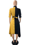 Burgundy Fashion Casual Patchwork Asymmetrical Turndown Collar Shirt Dress