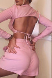 Pink Sexy Solid Patchwork Frenulum Backless O Neck Long Sleeve Two Pieces