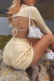 Pink Sexy Solid Patchwork Frenulum Backless O Neck Long Sleeve Two Pieces