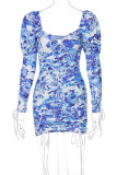 Blue Fashion Sexy Print Bandage Draw String Square Collar Short Sleeve Dress