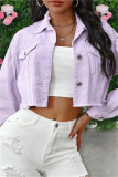 Pink Purple Fashion Patchwork Solid Tassel Backless Turndown Collar Long Sleeve Regular Denim Jacket