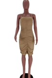 Khaki Sexy Solid Hollowed Out Spaghetti Strap Pencil Skirt Dresses