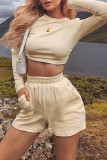 Pink Sexy Solid Patchwork Frenulum Backless O Neck Long Sleeve Two Pieces