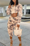 Gray White Street Print Tie Dye Patchwork Asymmetrical Hooded Collar Long Sleeve Two Pieces