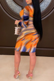 Multicolor Elegant Print Patchwork Zipper Collar Pencil Skirt Dresses