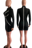 Black Casual Print Split Joint Zipper Collar Pencil Skirt Dresses