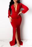 Tangerine Red Elegant Solid Patchwork Slit Fold V Neck Evening Dress Dresses