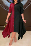 Burgundy Fashion Casual Patchwork Asymmetrical Turndown Collar Shirt Dress