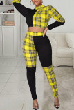 Pink Street Plaid Print Split Joint O Neck Long Sleeve Two Pieces