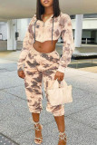 Gray White Street Print Tie Dye Patchwork Asymmetrical Hooded Collar Long Sleeve Two Pieces