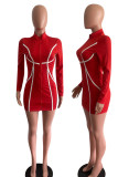 Red Casual Print Split Joint Zipper Collar Pencil Skirt Dresses