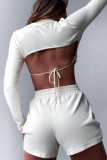 Pink Sexy Solid Patchwork Frenulum Backless O Neck Long Sleeve Two Pieces