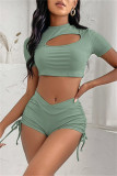 Green Casual Sportswear Solid Hollowed Out Draw String O Neck Short Sleeve Two Pieces
