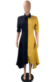 Yellow Fashion Casual Patchwork Asymmetrical Turndown Collar Shirt Dress