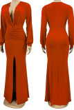 Tangerine Red Elegant Solid Patchwork Slit Fold V Neck Evening Dress Dresses