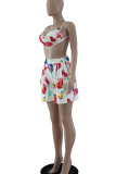 White Sexy Print Butterfly Print Split Joint Backless Spaghetti Strap Sleeveless Two Pieces